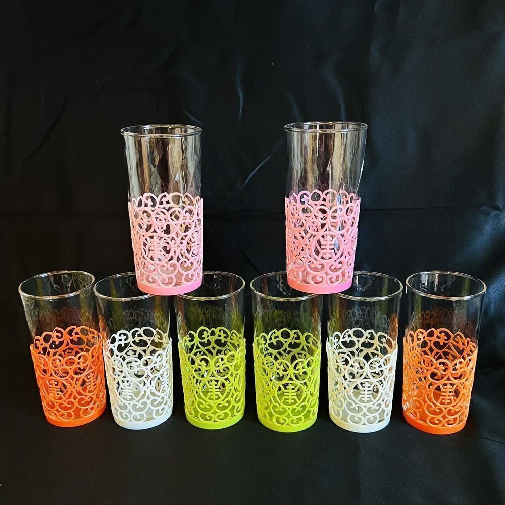 8 Retro Outrageous 60s KH USA Atomic Tumbler Drinking Glasses Plastic Coaster